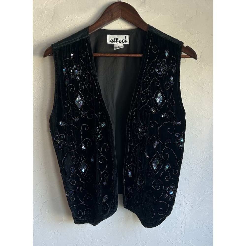Vintage 90s Effeci Beaded Sequin Velvet Vest M‎ Whimsigoth Black Fairy Witchy